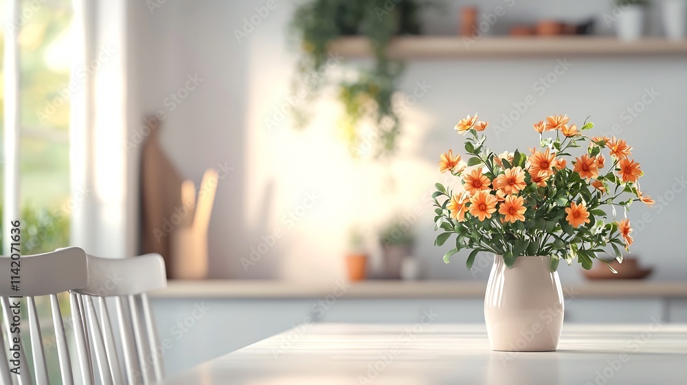 Poster bright white daisies in a small modern decorative vase neatly placed on a light colored dining table