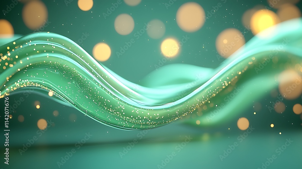 Poster digital art close-up flowing green waves with sparkling particles in abstract style