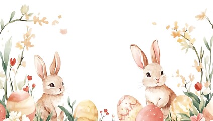 Obraz premium Watercolor Easter bunnies, flowers, and Easter eggs, easter background