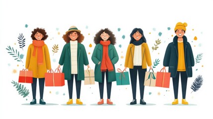 Cheerful Group of Friends Enjoying Shopping Together in Autumn Fashion, Carrying Colorful Bags and Surrounded by Leaves and Decorative Elements