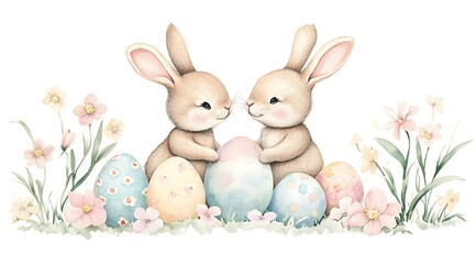 Obraz premium Watercolor Easter bunnies, flowers, and Easter eggs, easter background