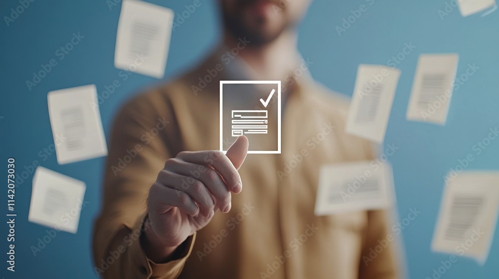 Aufkleber man interacts with digital checklist, documents floating around.