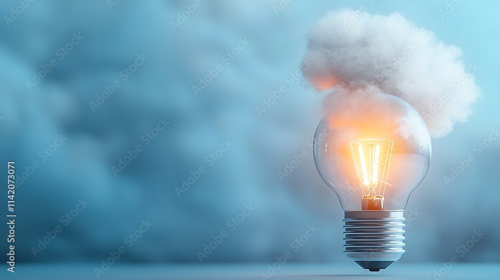Poster conceptual view light bulb amid clouds in an illuminating abstract art environment