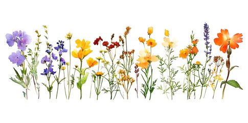 Watercolor wildflowers, clipart in a white background