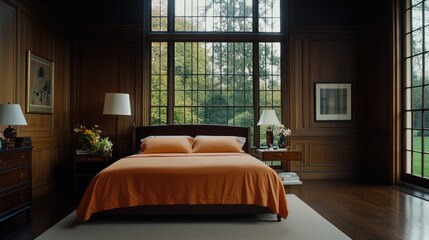 Obraz premium Elegant bedroom showcases dark wood paneling, a solid oak bed, and warm lighting, creating a cozy and inviting atmosphere