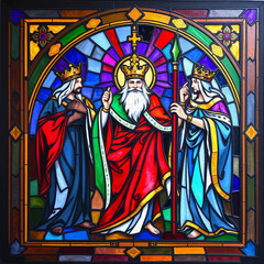 Fototapeta premium Three Kings. Artistic illustration painted with oil paint. Colorful stained glass. Christmas card and cover design