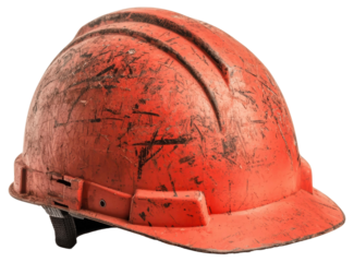 worn red construction helmet with visible scratches and dirt, symbolizing hard work and safety