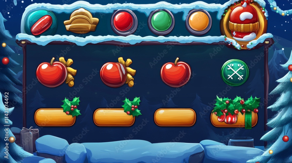 Poster christmas game ui button and frame winter element. candy and cookie play interface gui badge cartoon