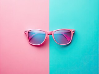 Minimalist summer fashion: vibrant pink sunglasses pop against a blue-pink backdrop.