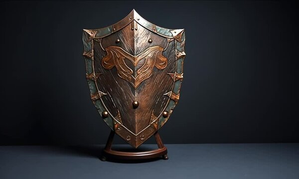 Heroic medieval shield spinning on plain backdrop