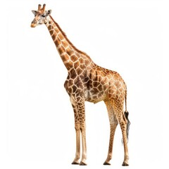 Obraz premium Majestic giraffe standing tall against a white background, showcasing its impressive height and unique pattern