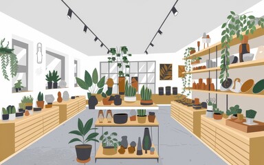 Fototapeta premium Modern Plant Shop Interior Design with Wooden Shelving