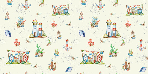 Watercolours seamless patterns Marine flora and fauna ships and crabs