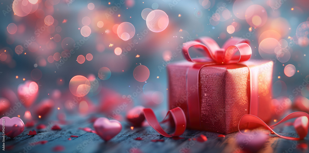 Poster 3d rendering of a valentine's day background with a red gift box, pink ribbon, and heart on a bokeh 