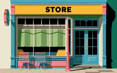 Obraz premium Colorful Store Front With Chairs Outside