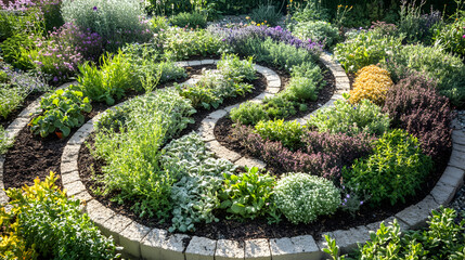 Vibrant and Aromatic Small Herb Spiral Garden Featuring Layers of Oregano, Thyme, Mint, and Other Delightful Herbs