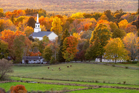 Scenic View at sunset of the small Town ,Church of Groton and Farm Land..Groton, Massachusetts ,New England, USA