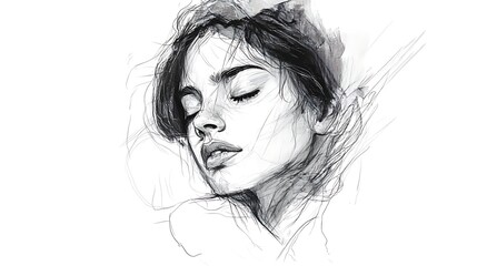 Serene woman portrait, eyes closed, sketched style.