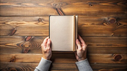 Book mock up, hand holding hard cover mockup on wood table
