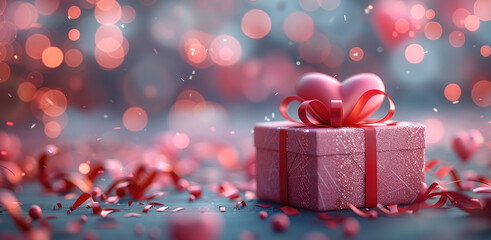 3D rendering of a Valentine's Day background with a red gift box, pink ribbon, and heart on a bokeh pastel light backdrop for a love concept design banner.