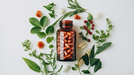 Natural Herbal Supplements in a Bottle Surrounded by Green Leaves and Flowers for Health and Wellness Concepts in a Modern Flat Lay Style