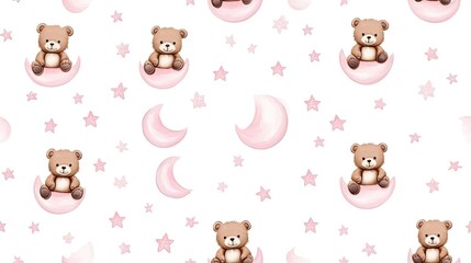 Soft pastel teddy bears sit among moons and stars, creating a delightful nursery art pattern in...