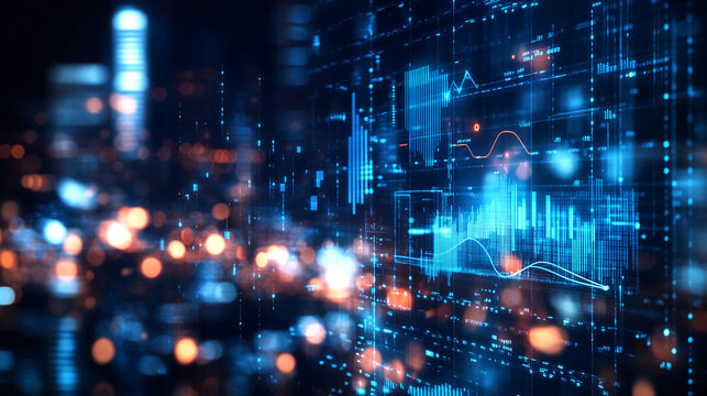 Digital data visualization showcasing graphs and analytics in a futuristic city setting at night