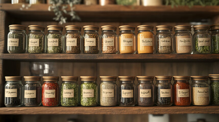 A Rustic Kitchen Spice Rack Displaying a Variety of Labeled Glass Jars Containing Dried Herbs and Spices