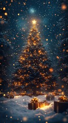 Glowing Christmas Tree with Gifts and Snowfall in a Winter Night