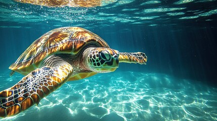 Sea turtle swimming gracefully under sunlit water.