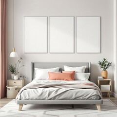 Minimalist, japandi bedroom design of modern stylish living room. with white three Canvas Frame Mockup . Colorful Decor in Modern Design	
