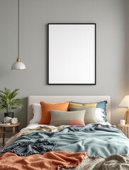 Minimalist, japandi bedroom design of modern stylish living room. with white Canvas Frame Mockup . Colorful Decor in Modern Design	