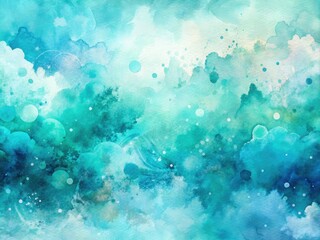 Panoramic abstract watercolor: calming teal, mint, cyan, and white create a serene pastel scene.