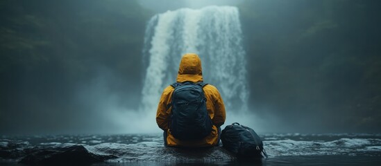 Obraz premium Person in yellow raincoat admires a waterfall.