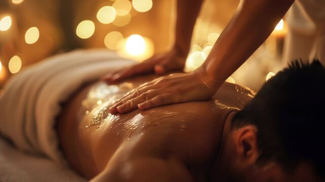 Close-up of a masseur's hands spreading massage oil on a man's back in a spa, complemented by a soothing warm bokeh background