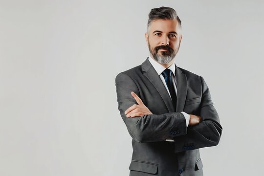 Confident Mature Businessman with a Beard Posing in Formal Attire with Arms Crossed - Space for Text