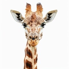 Fototapeta premium Giraffe staring intensely at the viewer with a white background