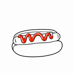 hotdog outline vector illustration with mustard and ketchup in a soft bun