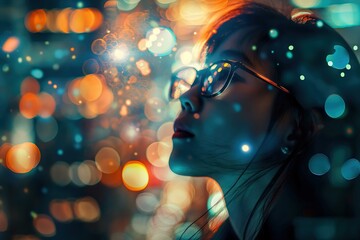 Dreamy Portrait of an Asian Woman with Glasses and Vibrant Bokeh Lights in the Background