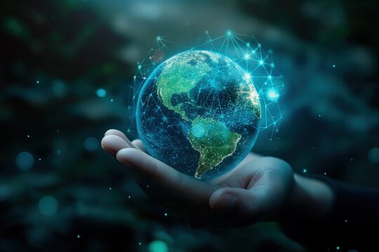 Glowing Digital Earth Sphere Cradled in a Hand