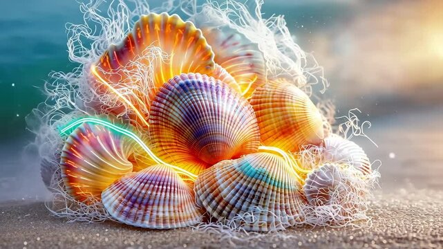 A collection of vibrant, iridescent sea shells intertwined with neon colors, creating a striking and mesmerizing display of natural beauty.