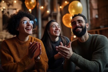Obraz premium Happy Team Celebrating Success in a Brightly Decorated Workspace with Balloons, Featuring Smiles and Clapping in a Joyful Atmosphere of Accomplishment