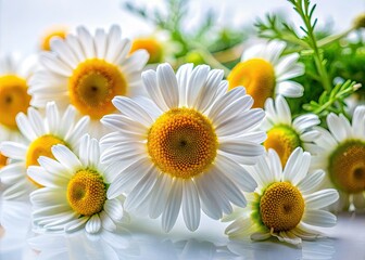 Fototapeta premium Urban chamomile blooms, stark white against city grit; a striking contrast in stock photography.
