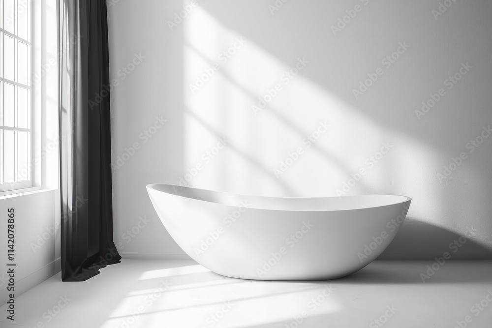 Wall mural A minimalist monochromatic bathroom featuring all-white walls, an elegant freestanding tub, and dark accents for contrast.