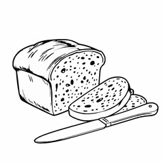 bread loaf outline vector illustration with slices and butter knife