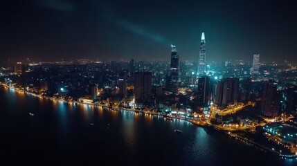 Nighttime cityscape with illuminated skyline.