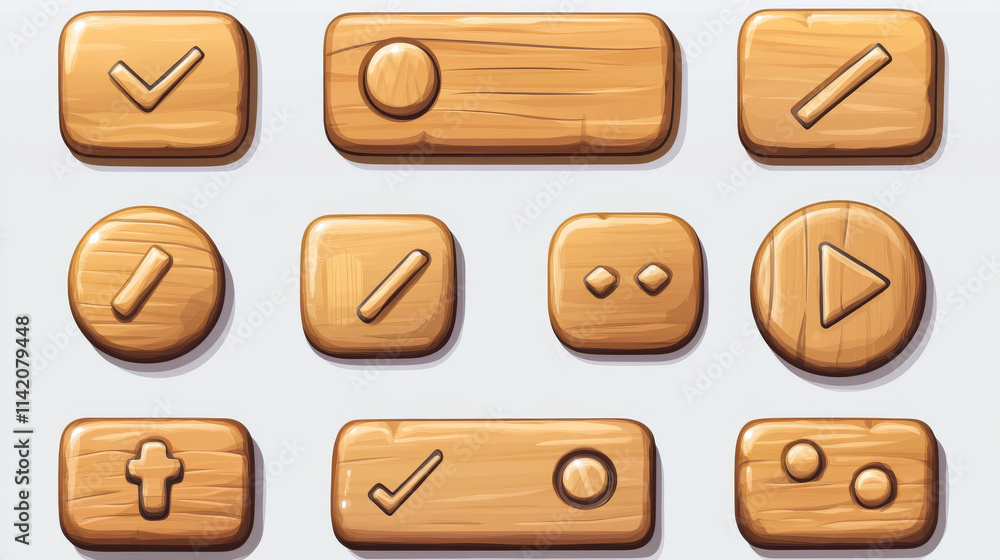 Poster wooden buttons for user interface design in game, video player or website. vector cartoon set of bro
