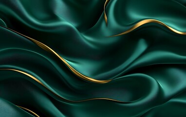 Obraz premium Luxurious emerald green silk fabric with gold accents, flowing waves and elegant drapery.