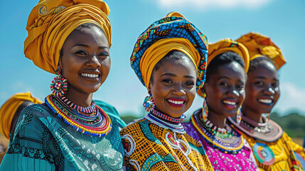 Fototapeta premium A dance group of four black South African people dressed in colorful traditional clothes with happy smiling facial expression in front of blue sky background.