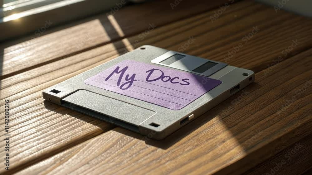 Poster image of a single floppy disk light gray disk resting on a wooden desk with a faded purple label tha